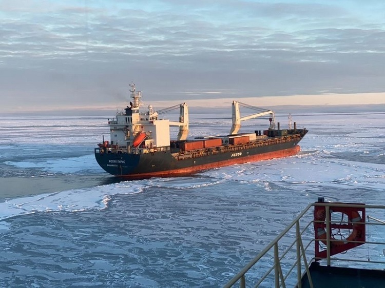 Ледокол Росморпорта осуществил проводку через сплоченные льды судна с социально-значимым грузом в чукотский порт Певек